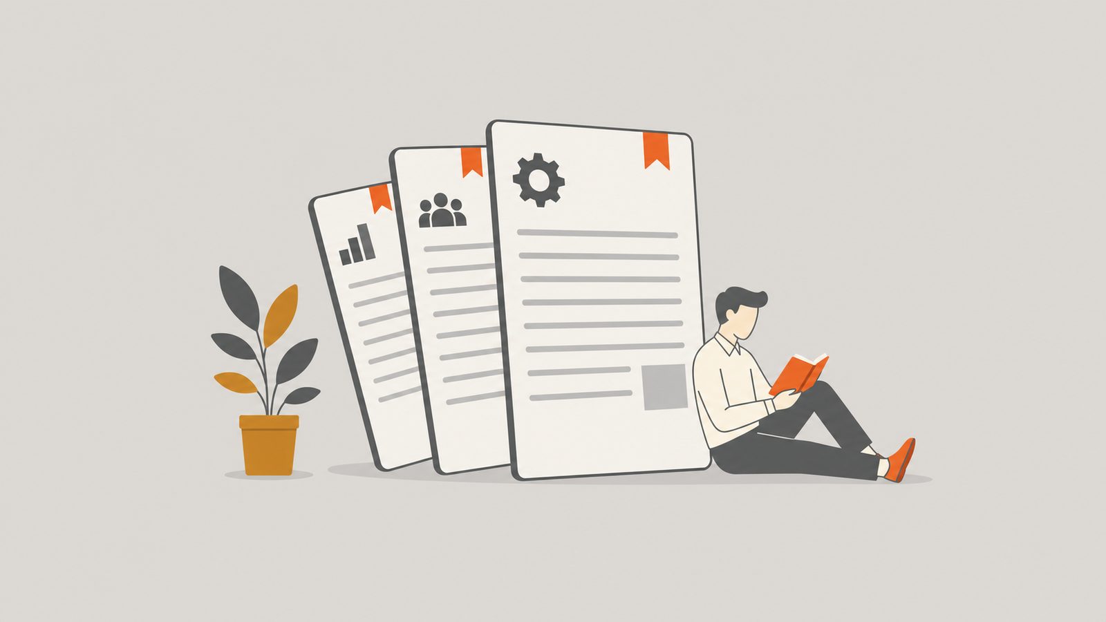 Figure reading a fanned stack of article-cards with orange bookmarks.