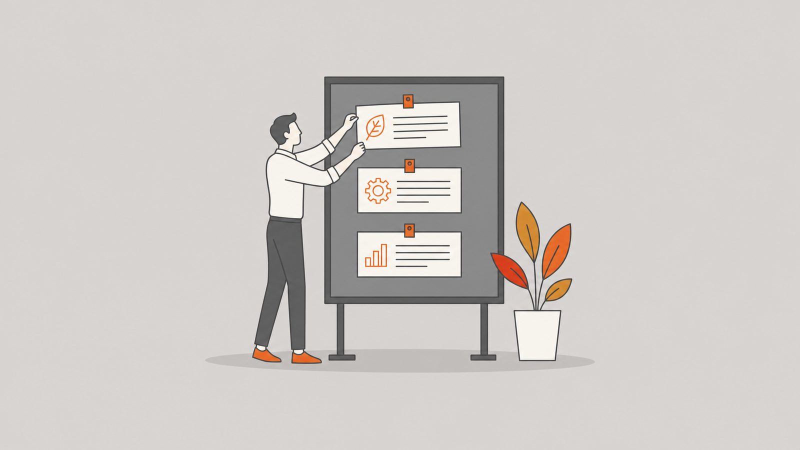 Figure pinning three orange-tabbed article cards to a bulletin board.