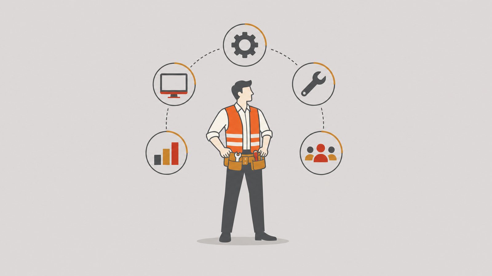 Manufacturing worker in orange toolbelt surrounded by an arc of skill badges.
