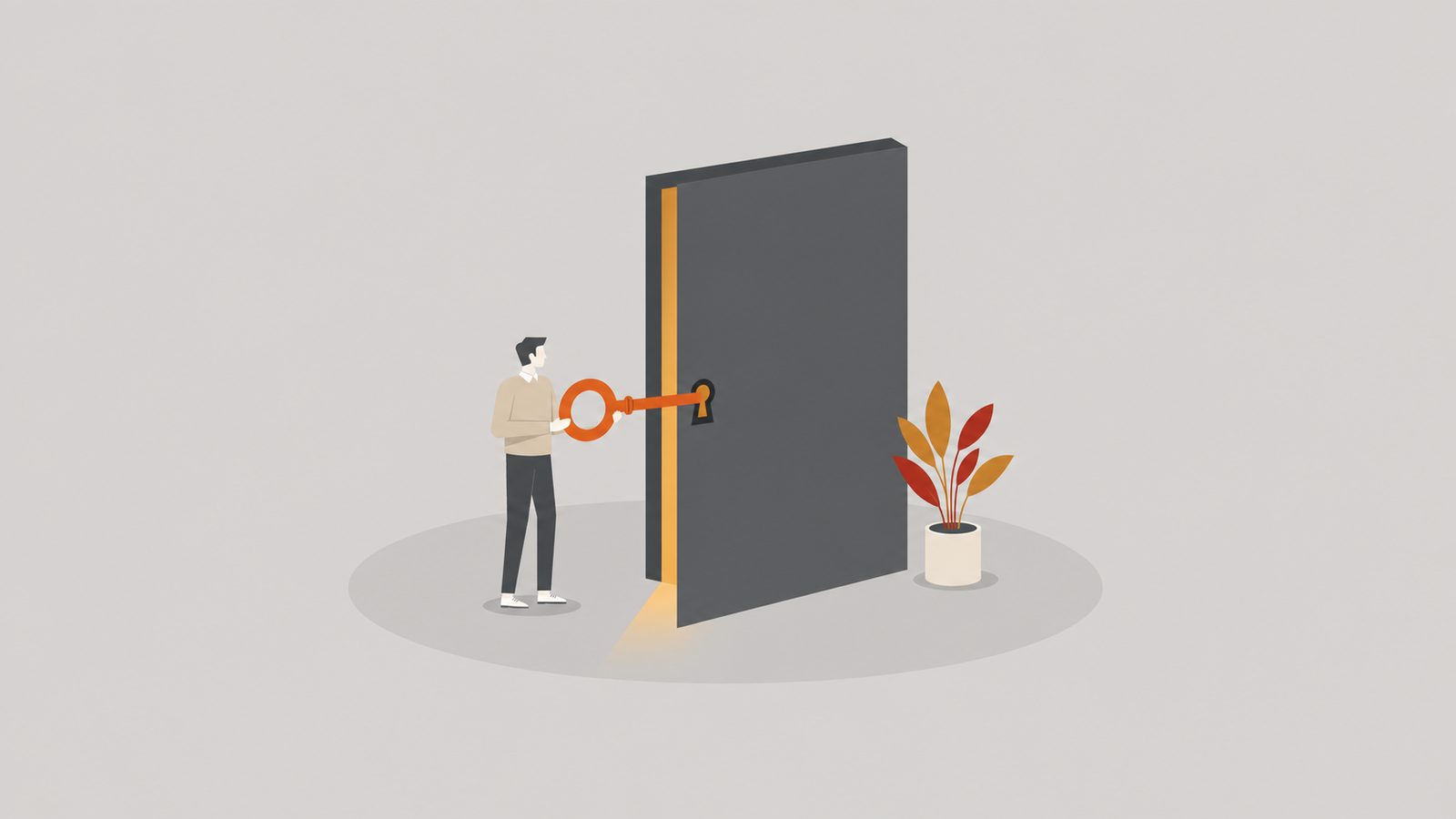 Executive holding an orange key at a large door glowing with ochre light.
