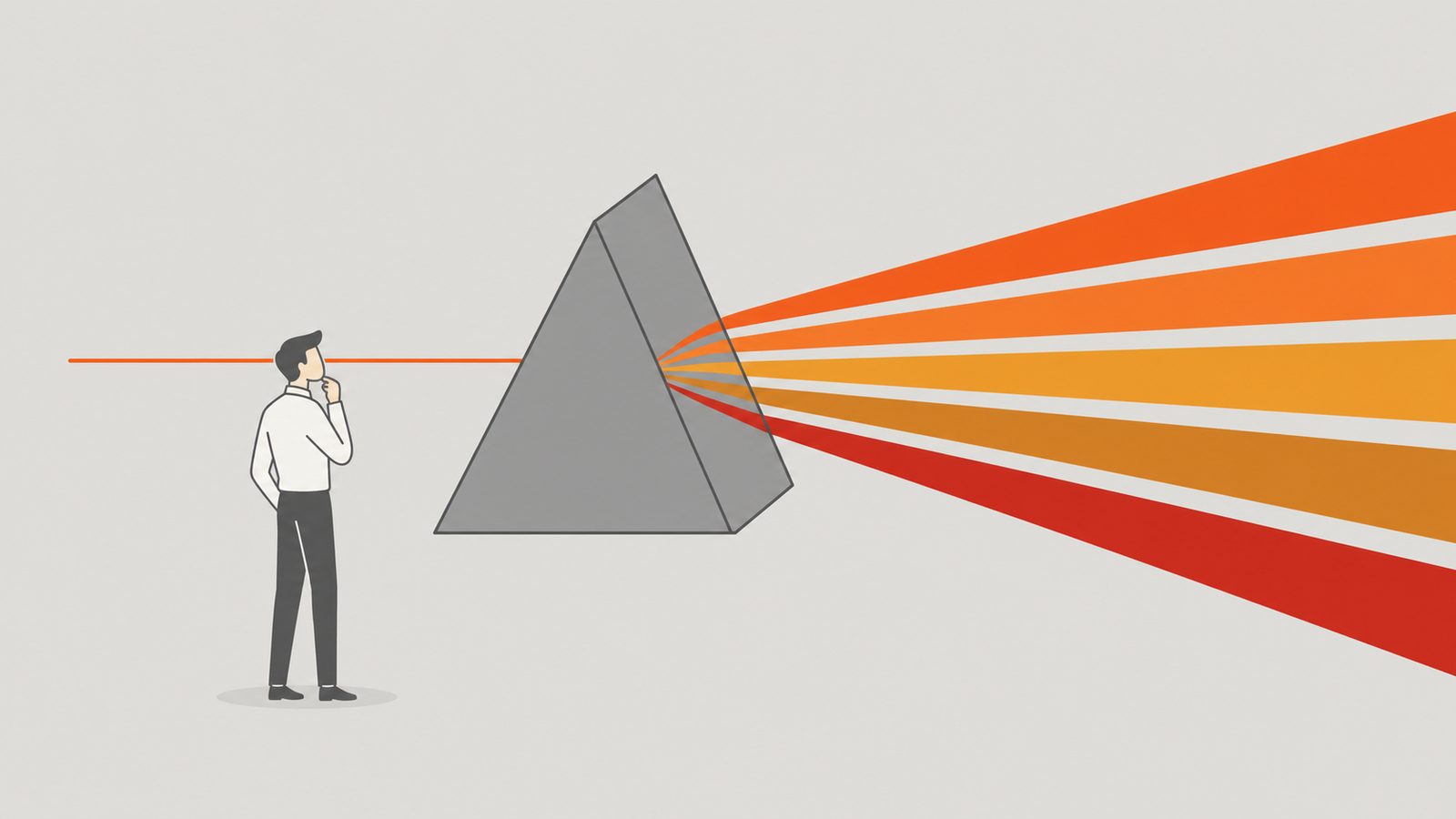 Figure observing an orange beam refracting through a prism into six warm-toned rays.
