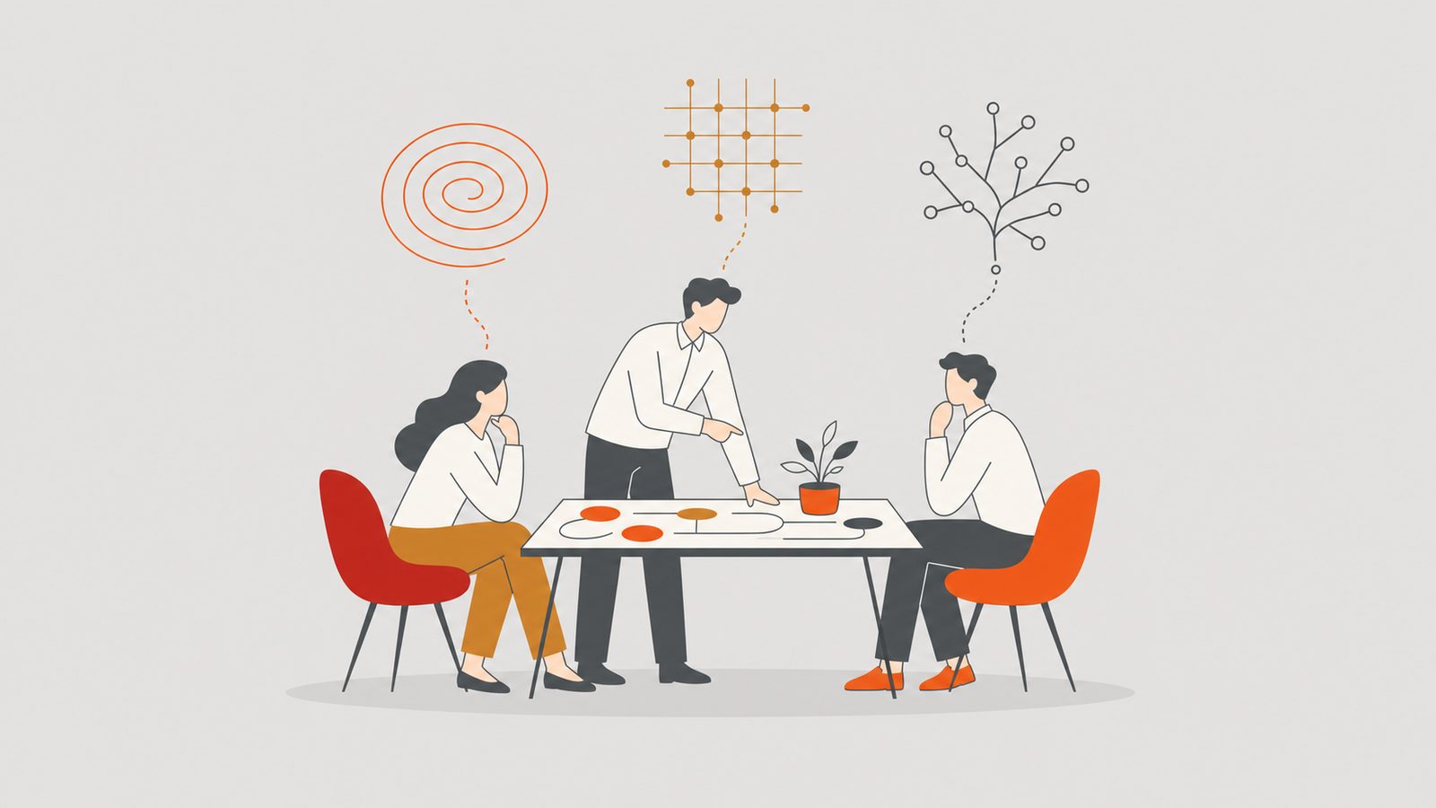Three figures with distinct thought-patterns collaborating around a strategy table.