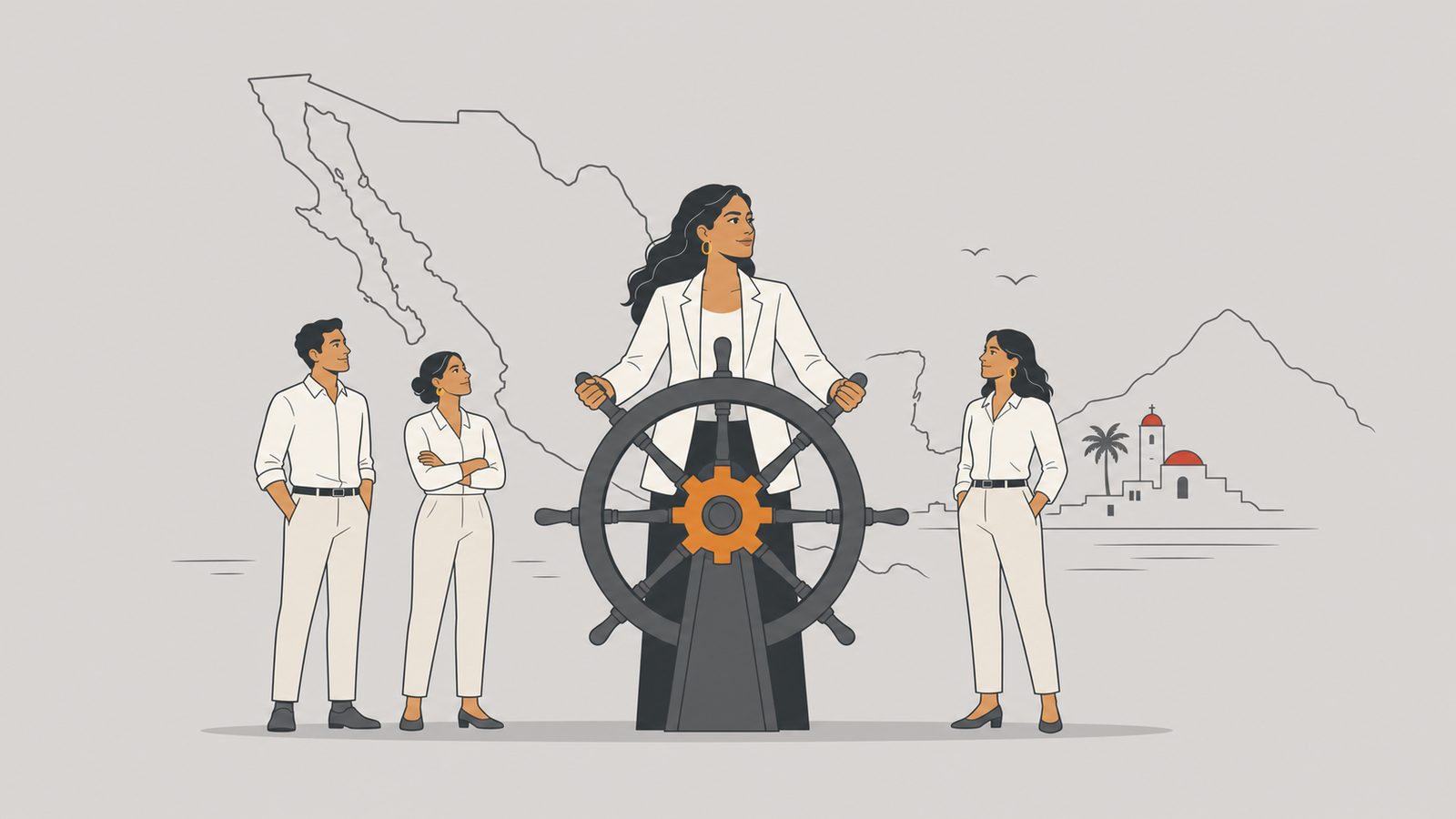 Latina executive at a ship's wheel with team support and Mexican coastline.