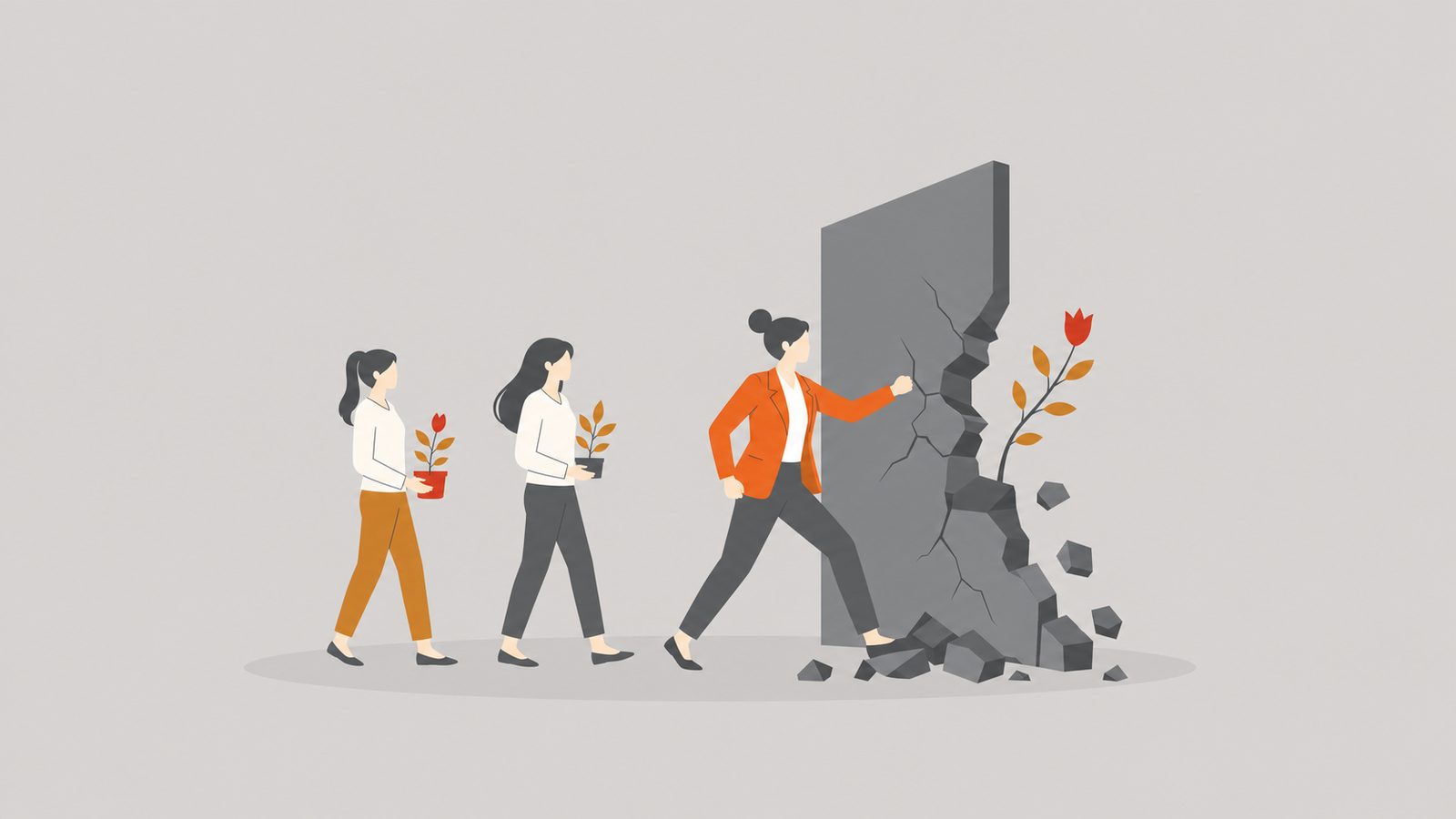 Woman engineer breaking through a wall as two others follow, a plant blooms through a crack.