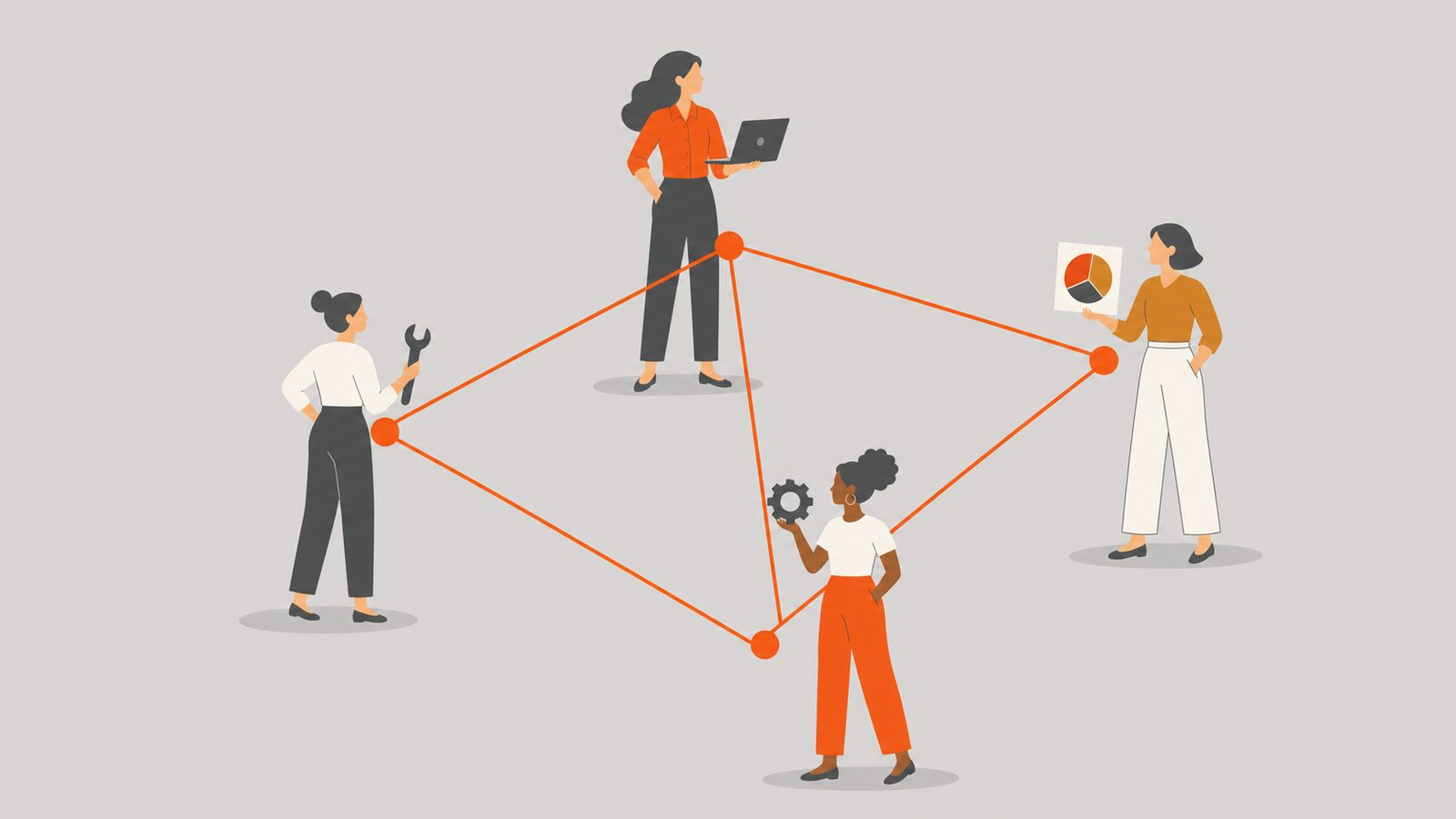 Four women in technical roles connected by an orange network overlay, each with a tool.